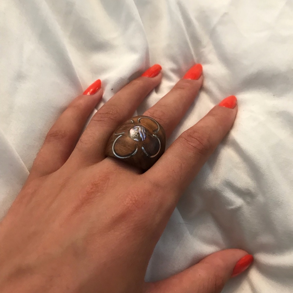 Handmade Wood Ring with Silver flower